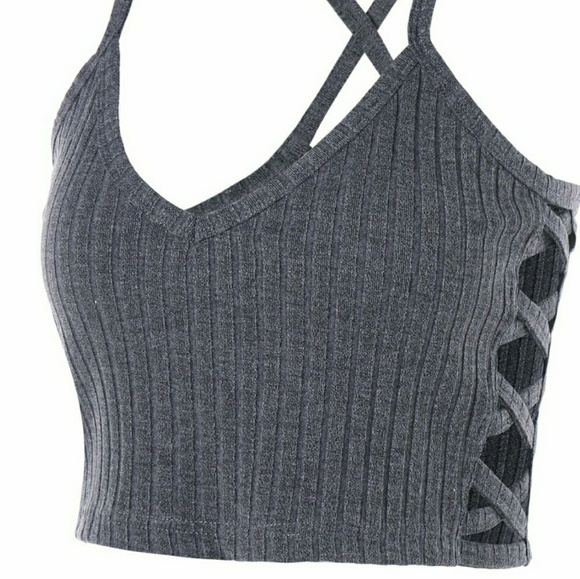 Zaful Tops - Knitted Lattice Cutout Cami Top - Gray cropped